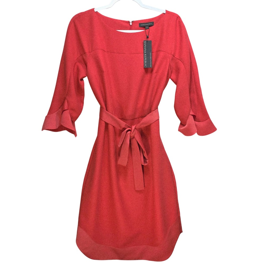 Banana Republic Ruffle Sleeve Sheath Dress Sz 4 Tie Waist Red Business Party New